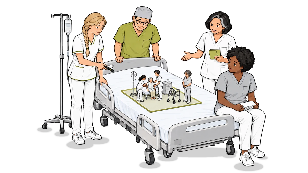 Pflegekräfte stehen um ein Krankenbett mit einer Miniaturszene
