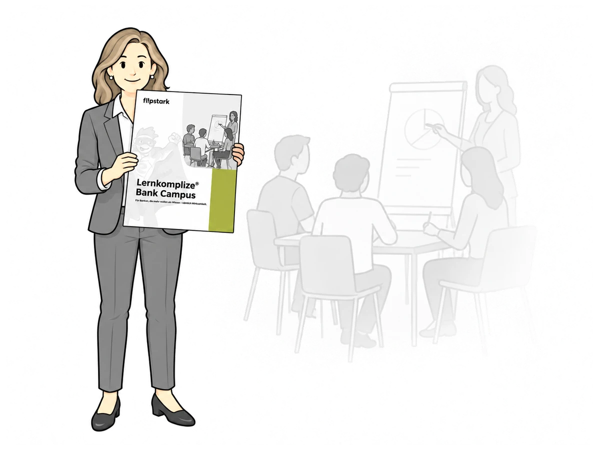 Figur hält die Broschüre Lernkomplize Bank Campus hoch, dahinter eine Gruppe am Flipchart