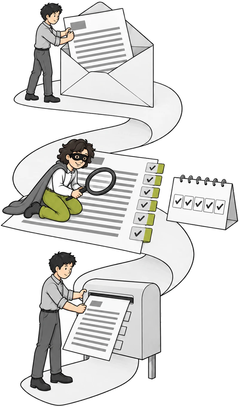 Illustration: Dokument in den Umschlag, Prüfung mit Lupe und Kalender über fünf Werktage, Befund aus dem Briefkasten