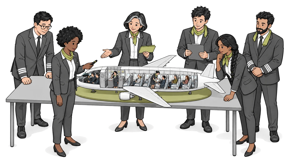 Figuren stehen um einen Tisch mit einer Miniatur-Flugzeugkabine