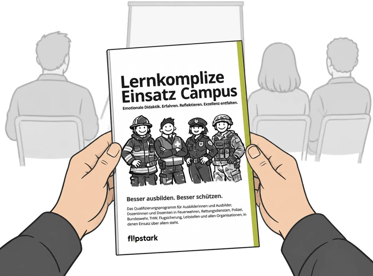 Hände halten die Broschüre Lernkomplize Einsatz Campus, im Hintergrund ein Lehrgangsraum