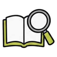 Icon: aufgeschlagenes Buch mit Lupe