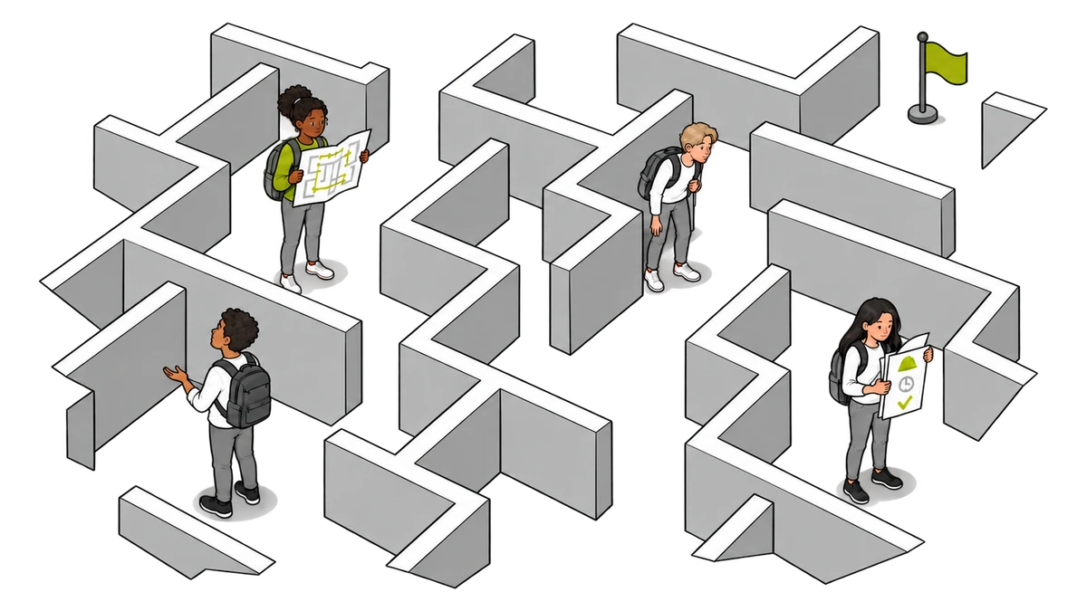 Einzelne Auszubildende suchen allein ihren Weg durch ein Labyrinth
