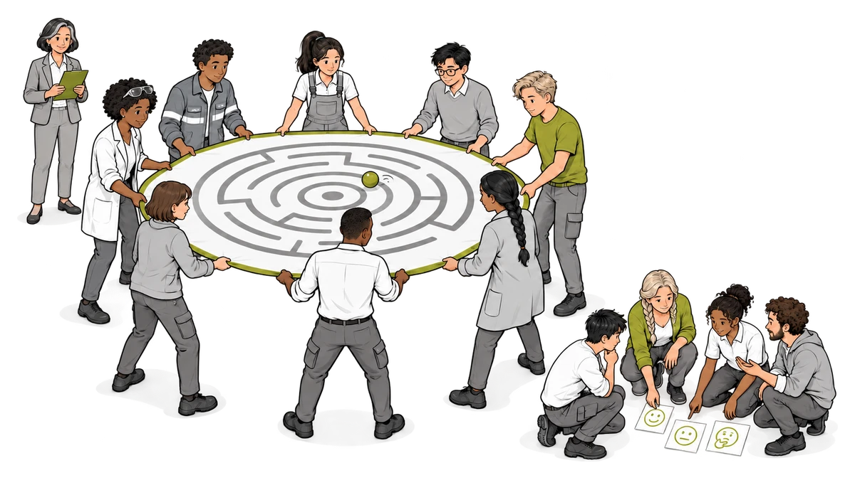 Eine Gruppe steht gemeinsam um ein Labyrinth am Boden