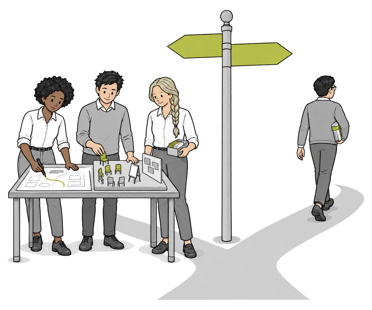 Drei Menschen arbeiten an einer Werkbank an Plan und Modell, während eine Person mit einem Kartenbündel den anderen Weg nimmt