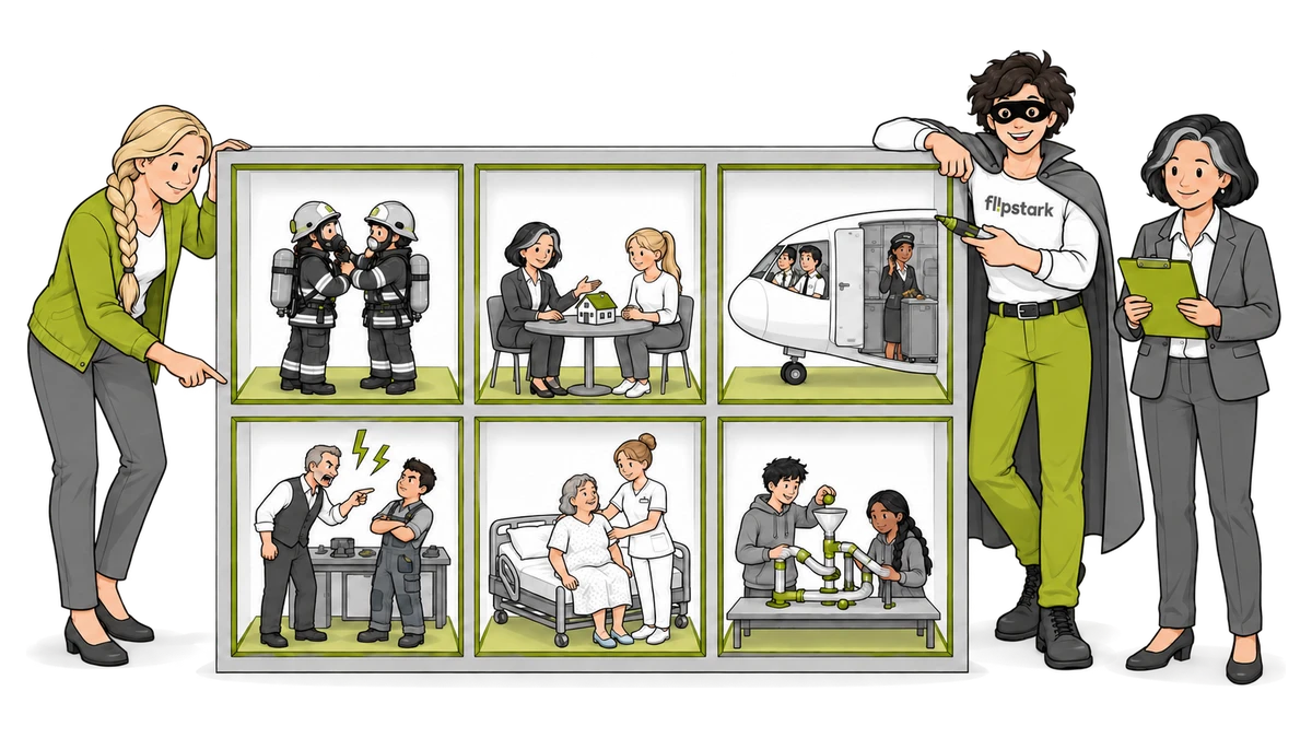 Figuren an einer Tafel mit sechs Szenen aus unterschiedlichen Arbeitswelten