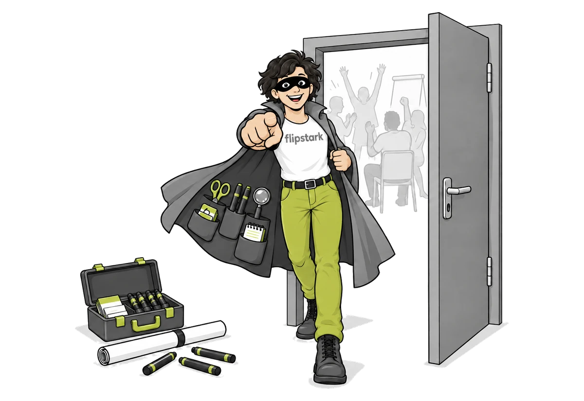 Illustration: Der Lernkomplize kommt mit Werkzeugkoffer aus der Tür des Seminarraums