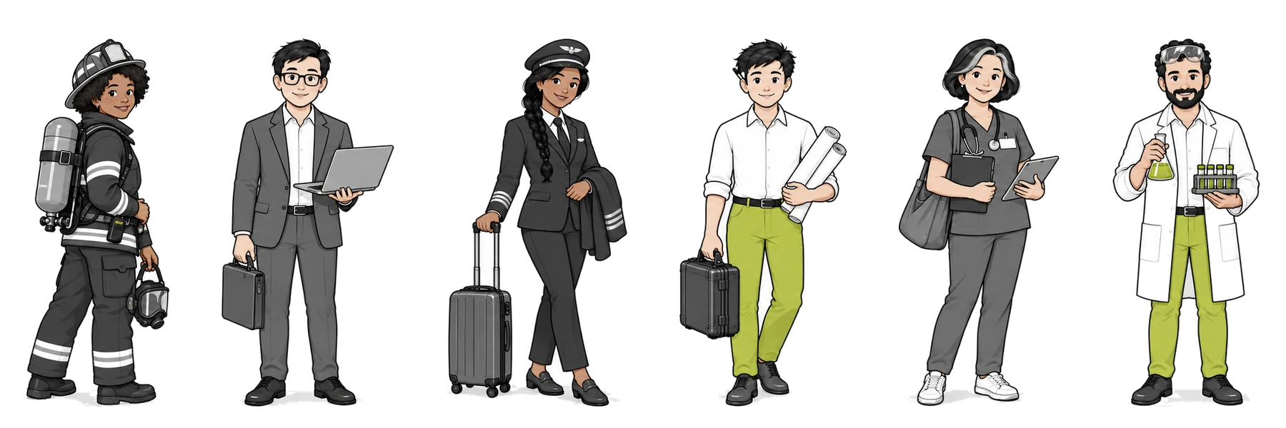 Illustration: sechs Figuren aus sechs Berufsfeldern nebeneinander