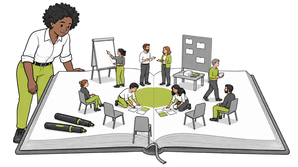 Trainerin steht an einem aufgeschlagenen Buch, auf dessen Seiten eine Seminargruppe an Flipchart, Pinnwand und im Stuhlkreis arbeitet