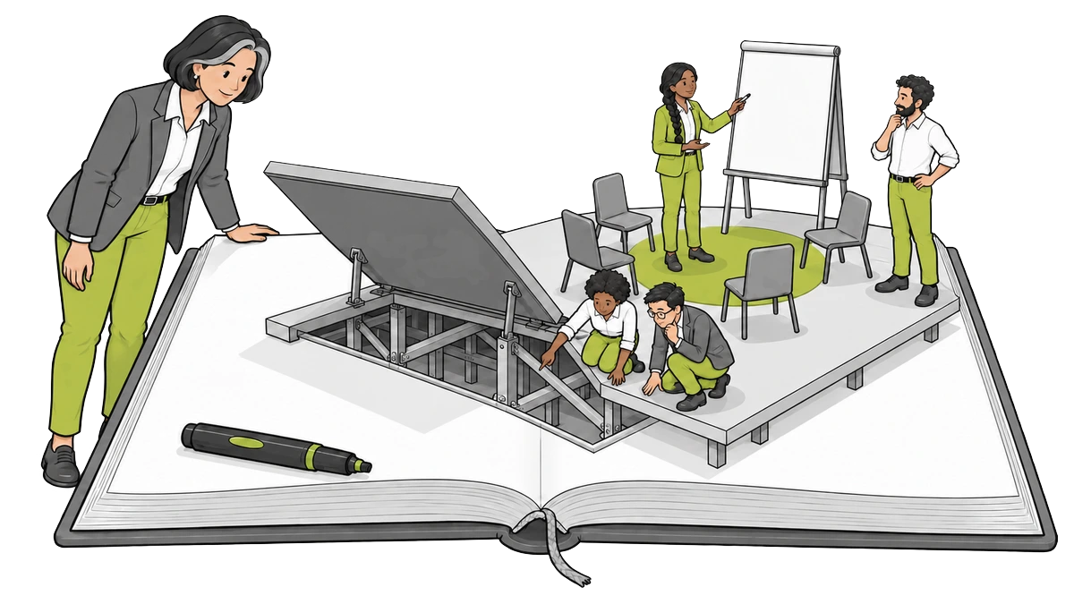 Trainerin klappt auf einem aufgeschlagenen Buch eine Bodenluke auf, darunter liegt das Fundament, auf dem eine Seminargruppe an Flipchart und Stuhlkreis arbeitet