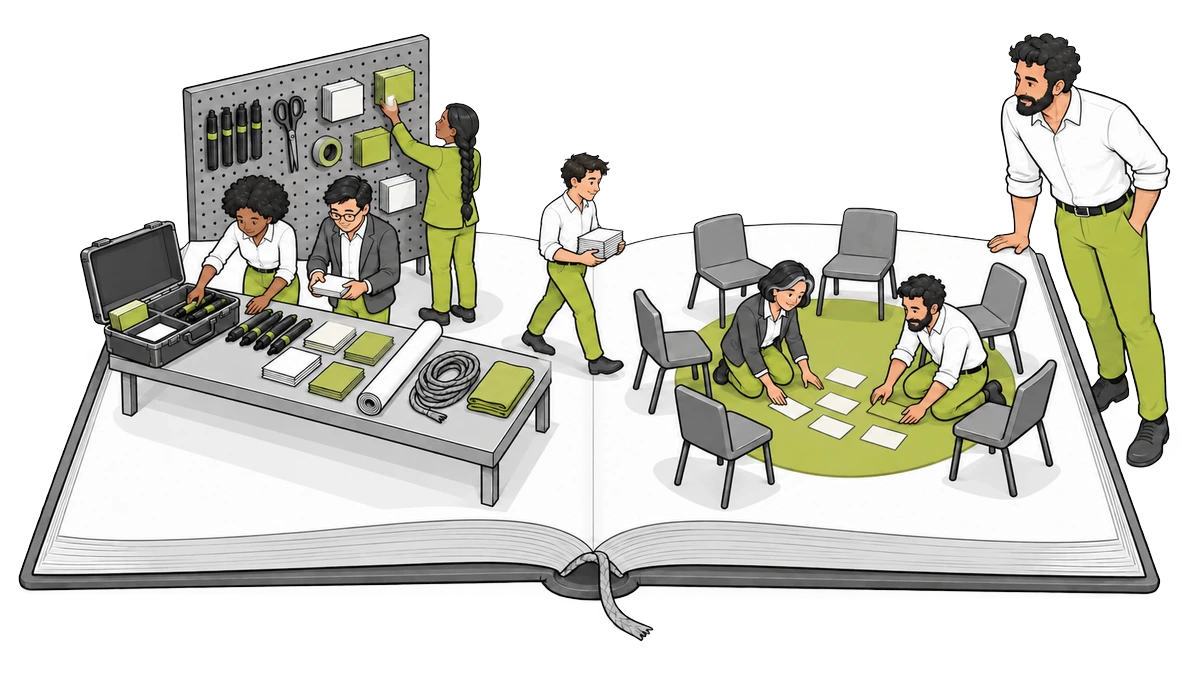 Trainer schaut auf ein aufgeschlagenes Buch, auf dem eine Seminargruppe an Pinnwand, Tisch und im Stuhlkreis mit Werkzeugen arbeitet