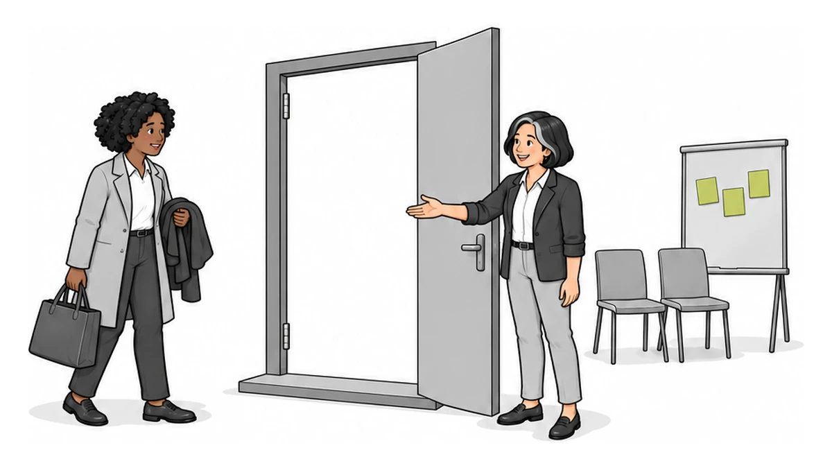 Eine Lehrperson begrüßt einen ankommenden Lerngast an der Tür mit Handschlag