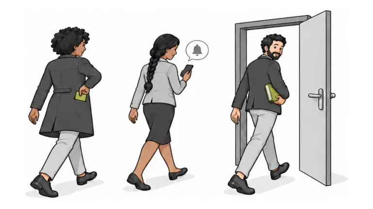 Drei Personen gehen mit Karte, Handy und Kartenfächer durch eine Tür in den Alltag