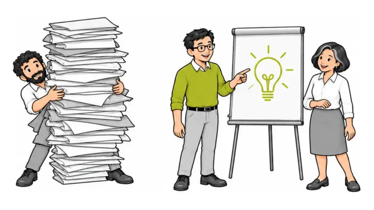 Links ein hoher Stapel Folien, rechts ein Flipchart mit einem einzigen Bild, vor dem zwei Personen nicken