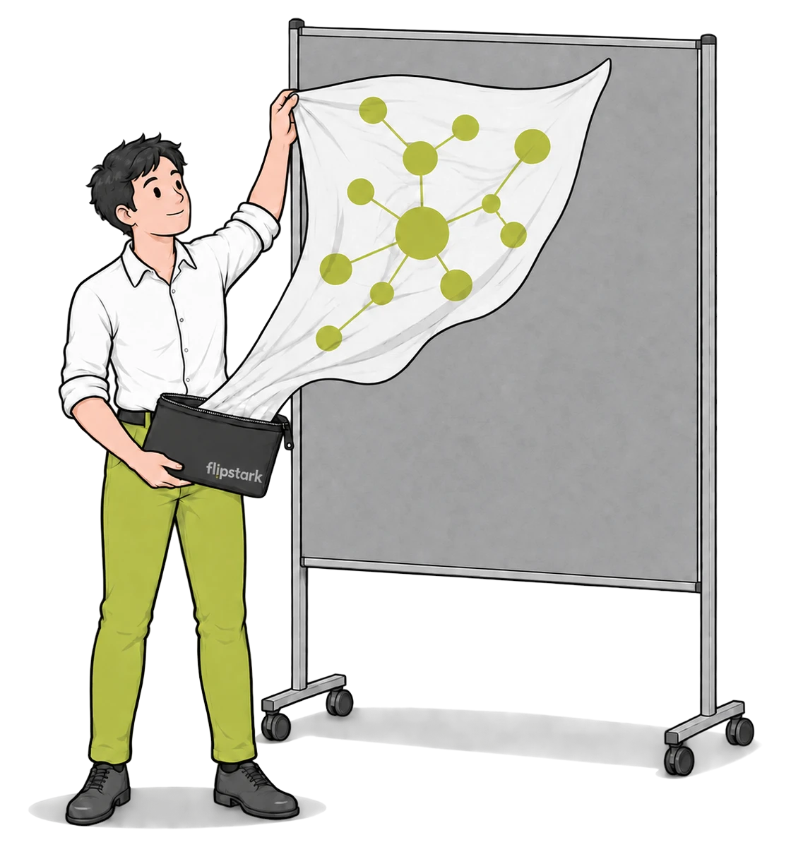 Eine Figur zieht ein Stoffchart aus der Transporttasche und hängt es an eine Pinnwand