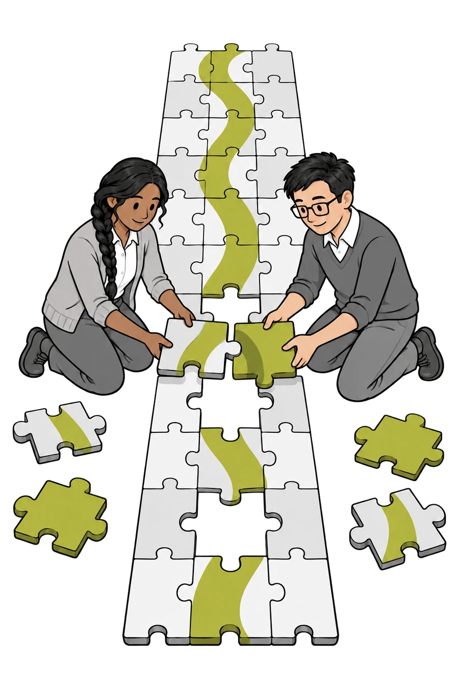 Zwei Figuren legen Puzzleteile zu einem gemeinsamen Weg zusammen
