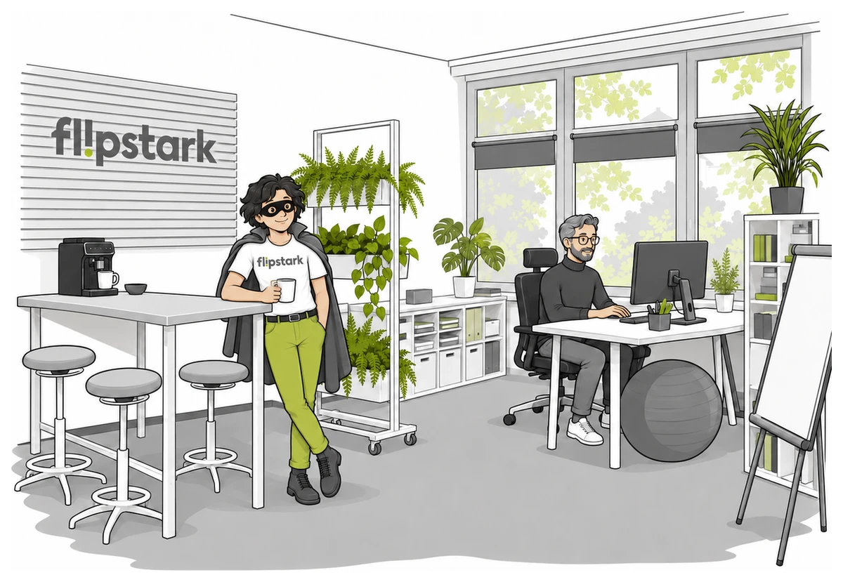 Unser Büro im Innovationszentrum e.novum: der Lernkomplize lehnt mit Kaffee am Stehtisch, der Gründer arbeitet am Schreibtisch am Fenster.