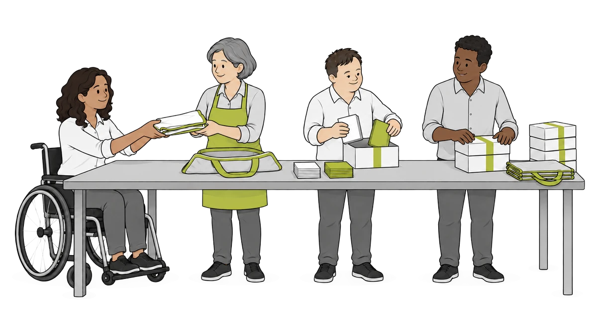 Vier Beschäftigte der Werkstatt arbeiten gemeinsam an einem langen Tisch: Sie falten Stoffcharts, packen sie in Taschen und konfektionieren Kartensets in kleine Kartons.